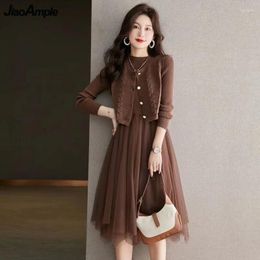 Work Dresses Women Knit Mesh Patchwork Dress Vest Sweater Two Piece Suits 2024 Autumn Winter Lady Graceful Tank Tops Matching Set