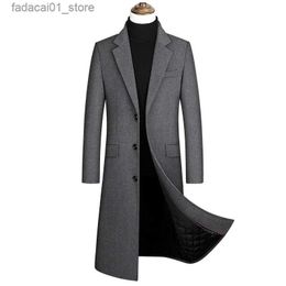 Men's Trench Coats 2024 Autumn and Winter Boutique Woollen Black Grey Classic Solid Colour Thick Warm Men's Extra Long Wool Trench Coat Male JacketQ240125