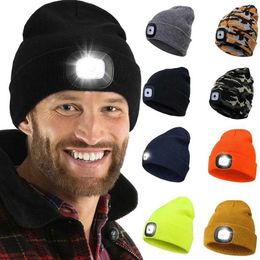 Beanie/Skull Caps Winter Led Flashlight Cap Autumn Warm Knitted Beanie Lamp Hat Outdoor Sports Elastic Light Night Hats Unisex Headlight Bonnets 240125