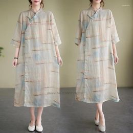 Ethnic Clothing 2024 Chinese Vintage Qipao Dress Traditional Cheongsam Retro Cotton Linen Oriental Flower Print Meditation