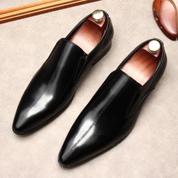 Italian Pointed Toe New Mens Dress Loafers Genuine Leather Brand Designer Elegant Slip on Black Wedding Social Shoes Man