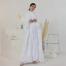 Ethnic Clothing White Embroidery Shiny Women Muslim Open Abaya Maxi Dress Turkey Kaftan Dubai Saudi Eid Ramadan Kimono Puff Sleeve Gown