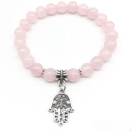 Beaded Sn1320 Fashion Womens Bracelet Hamsa Charm Yoga Handmade Rose Quartz Jewellery Wedding Wholesale Drop Delivery Jewellery Bracelets Dh5On