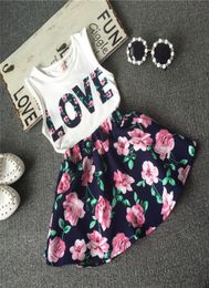 2017 Children girls casual shirt Love Tank top flower skirt clothes set summer fashion clothing set printed Baby clothes suit8741265