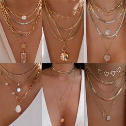 Pendant Necklaces bls- Bohemia Gold Color Multiple Styles Necklace For Women Trendy Multi-Layer Crystal Pendant Necklaces Set Jewelry GiftsL24