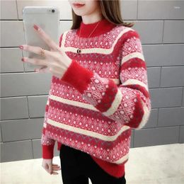 Women's Sweaters Pullover Thicken Stripe Knitted Sweater Women Autumn Winter Loose Wool Imitation Mink Velvet Female Long-sleeved Jumper