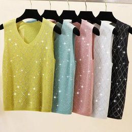 Women's Tanks Sexy Shiny Knitted Top Summer V-neck Diamonds Tank Women Slim Female Bling Sleeveless T-shirt Vest Camis