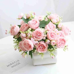 Faux Floral Greenery 5Heads Peony Artificial Flowers White Flowers Silk Peonies Bouquet for Wedding Party Table Centrepiece Floral Home Kitchen Decor YQ240125