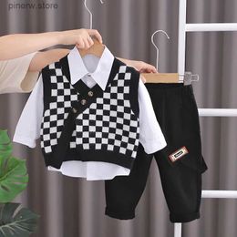 Clothing Sets Children's Suit Spring Autumn Baby Boys Chequered Knitted Sleeveless Vest+ Lapel Shirts + Casual Pants Three Pieces Outffits Set