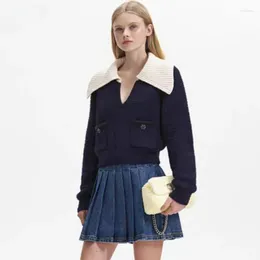 Women's Sweaters Early Spring Navy Blue Large Lapel Contrasting Versatile Short V-neck Knitted Top Women