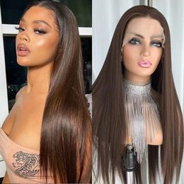 Chocolate brown lace front wig synthetic hair wig transparent matte long straight colored synthetic lace wig 230125