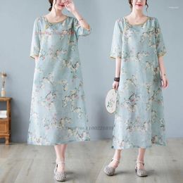 Ethnic Clothing 2024 Chinese Vintage Cheongsam Dress National Flower Print Cotton Linen Qipao Folk Retro Long