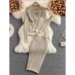 Work Dresses Autumn Korean Fashion Chic Knitted 3pcs Sets Long Sleeve Cardigan Sweater Camisole Skirts Casual Tops Vest Skirt Suits N541