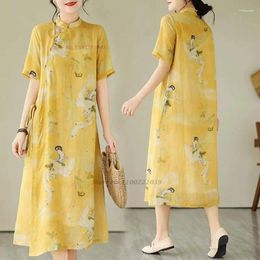 Ethnic Clothing 2024 Chinese Vintage Cheongsam Dress National Flower Print Cotton Linen Improved Qipao Oriental A-line Folk