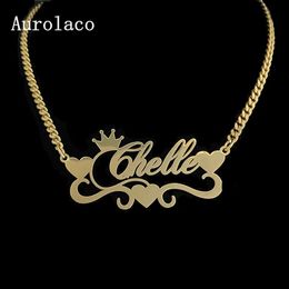 AurolaCo Custom Name Necklace With Heart Personalized Stainless Steel Gold Nameplate Cuban Chain Necklace For Women Gift 240125