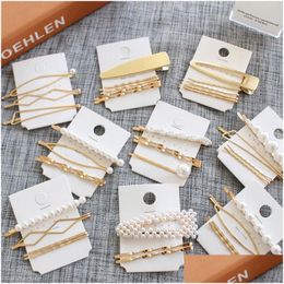 Hair Clips & Barrettes Metal Pearl Hair Clips Combination Sweet Bangs Clip Women Fashion Simple Designer Geometry Hairpin Gold Wholes Dh23F