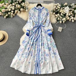 Casual Dresses Fashion Runway Blue Flower Print Long Dress Women Clothing Lantern Sleeve Single Breasted Belt Lace Up Holiday Robes Vestidos