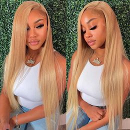 13x4 high-definition transparent lace front human hair wig 27# honey blonde solid straight human hair lace front wig 230125