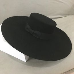 Retro Style Big Warm Wide Brim Wool Fedora Hat Black Felt Hat Bow Flat Floppy Winter Hat for Women Party Church Wedding Hat 240125