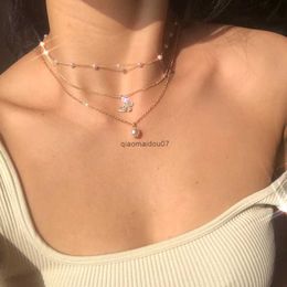 Pendant Necklaces Fashion Butterfly Crystal Pearl Pendant Necklace Statement Clavicle Pearl Chain Layered Necklace Trend Butterfly Collar JewelryL24