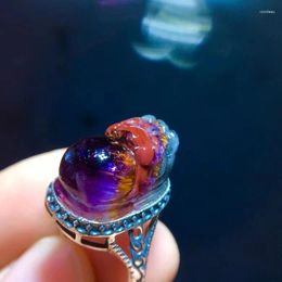 Cluster Rings Natural Purple Cacoxenite Red Auralite 23 Adjustable Ring 17.71/11mm Jewellery Women Men Rutilated Quartz Pi Xiu Carved