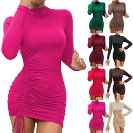 Casual Dresses Women's Solid Colour Sexy Slim Fit Half High Neck Dress Long Sleeved Round Drawstring Cover Up Beach For Women