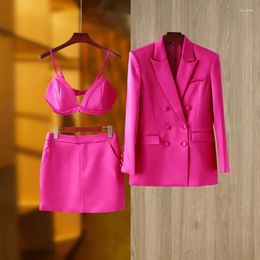 Two Piece Dress Women Skirt Suit 2024 Autumn Red Pink Double Breasted Long Sleeve Fashion Blazer Mini Skirts Sexy Vest Chic Jacket 3 Pieces