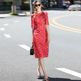New High Quality Designer Milan Fashion Spring Summer Women'S Party Vintage Elegant Chic Slim Unique Embroidery Decals Red Dress