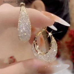 Stud New Shiny Mesh Zircon Hollow Gold Color Oval Water Drop Hoop Earrings for Women Temperament Jewelry Wedding Party Premium Gift Q240125