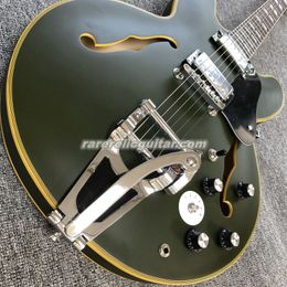 Custom Matte Olive Drab Green Semi Hollow Body Jazz Electric Guitar Varitone Knob Bigs Tremolo Tailpiece Tuilp Tuners Chrome Hardware