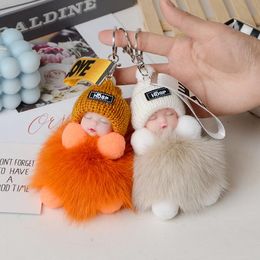 Bunte süße schlafende Babypuppe Schlüsselanhänger Pompom Kaninchenfell Ball Schlüsselanhänger Auto Schlüsselanhänger Schlüsselanhänger Tasche Anhänger Charm Zubehör