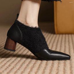 Dress Shoes Women's Cow Keather Stretch Knit Patchwork Slip-on Autumn Pumps Square Tpe Elegant Ladies OL Style Daily Heeled Sale