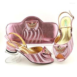 Dress Shoes Italian Design Summer African Party Wedding Mid Heels Ladies And Bag Set Wish Rhinestone Decoration In Pink Colour