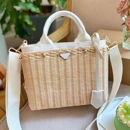 Bucket Straw Bag Tote Vegetable Basket Summer Vacation Beach Straw Bags Shoulder Handbag Purse Women White Weave Shopping Travel T323C