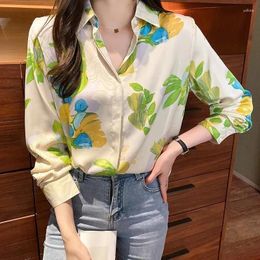 Women's Blouses Vintage Floral Print Women Blouse Tops Female Turn Down Collar Long Sleeve Button OL Workwear Casual Satin Shirts 2035#