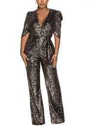 Stage Wear Sexy V-Neck Sequin Half Sleeved Slim Fit Jumpsuit Pants 2024 Fashionable Women'S Clothing