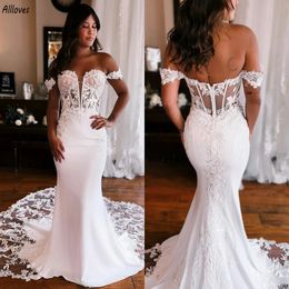 Modern White Floral Lace Appliqued Mermaid Wedding Dresses Sexy Off The Shoulder Sheer Back Bridal Gowns Court Train Elegant Plus Size Bride Vestidos De Novia CL3246