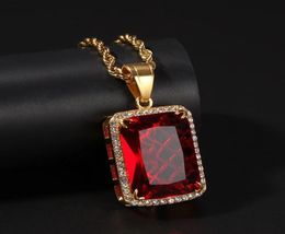 Gold Plated Mens Hip Hop Jewelry Blingbling Ruby Pendan Necklace European and American Style Crystal Hiphop Chain Necklaces5997247
