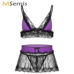 Men Sexy Transparent Micro Lingerie Set Sissy Lenceria Lace Nightwear Erotic Spaghetti Strap Bra with Mini Skirt G-string Briefs 240124