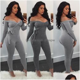 Women'S Jumpsuits Rompers Ladies Woman Sexy Casual Fashion Long Sleeved Open Shoder Bodycon Tight Off The Playsuit Romper Drop Del Dhta5