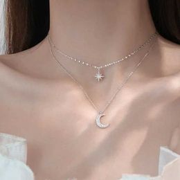 Pendant Necklaces 925 Womens Silver Necklace Double layered Zircon Star Moon Pendant Necklace Exquisite Chain Charm Elegant Fashion Jewelry Gifts S2452206