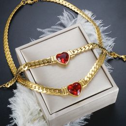 Luxury Love Heart Zircon Necklace Bracelet Dubai Cuban Chain Jewelry Set for Women Waterproof Stainless Steel 18 K Gold Plated 240125