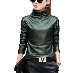 European punk plus size women blouse autumn turtleneck long sleeve tops shirt ladies velvet stretch camisas PU leather blouses8995890