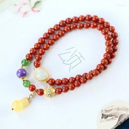 Charm Bracelets Southern Red Agate Round Beads Sterling Silver Beeswax Fu Lu Gourd Duobao Fashion Temperament Double Circle Bracelet