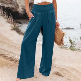 Women's Pants Linen For Women High Waisted Wide Leg Loose Fit Palazzo Casual Beach Trendy Trouses With Pockets