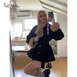 Women's Tracksuits Xgoth Chic Women Short Set Detachable Woollen Collar Solid Thickend Coats Tops Wide Leg Casual A-line Shorts Black Female