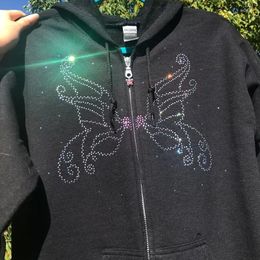 Women's Hoodies Y2k Butterfly Rhinestone Printing Sweatshirt Aesthetic Hoodie Women Gothic Vintage Casual Short Sleeve Bling Clothes Emo