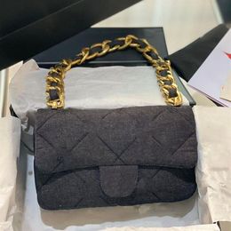 French Autumn Women Tote Bag Denim Material Classic Flap Crossbody Designer Handbag Gold Metal Thick Chain Large Capacity Diamond 270n