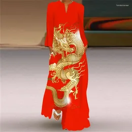Casual Dresses Ladies Spring Summer Long Dress Women Red Sleeve V-neck Elegant Party Face 3D Printing Vintage