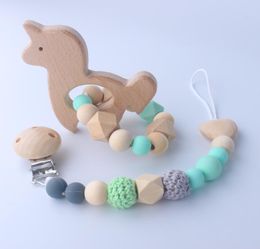 Baby Wooden Teether Silicone Beads Teething Ring Bracelet Hand Made Rattles Pacifier Holder Toys 2Pcsset1067439